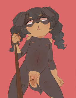 anthro areola biped black_body black_fur black_hair black_nose clitoris countershade_face countershade_fur countershading drill_curls eyebrows female flat_chested floppy_ears front_view fur genitals gloves_(marking) hair humanoid_genitalia humanoid_vulva leash leashed_viewer looking_at_viewer lop_ears low-angle_view markings navel nipples nude open_mouth red_background short_tail simple_background solo tail tan_body tan_countershading tan_markings teeth tongue vulva young young_anthro young_female hua113 canid canine canis dobermann domestic_dog mammal pinscher 2025 hi_res