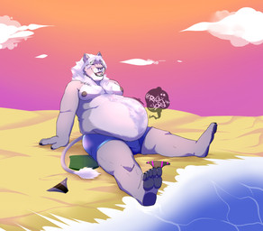after_vore anthro beach belly big_belly bottomwear clothing cloud facial_piercing male nose_piercing nose_ring overweight piercing relaxing ring_piercing rumbling_stomach sand shorts solo sunset swimming_trunks swimwear thick_thighs underwear vore wildside felid lion mammal pantherine 2017 hi_res