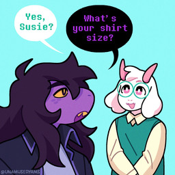2_horns anthro biped black_eyes brown_hair clothed clothed_anthro clothed_female clothed_male clothing cute_fangs dialogue duo eyewear fangs female female_anthro floppy_ears freckled_face freckles fur glasses hair horn long_hair male male_anthro open_mouth open_smile pink_eyes pink_horn pupils purple_body purple_scales question_mark scale_freckles scales side_view simple_background smile snout speech_bubble talking_to_another teal_background teeth text three-quarter_view tuft wearing_glasses white_body white_fur yellow_pupils yellow_sclera yellow_teeth unamusedyams deltarune undertale_(series) ralsei susie_(deltarune) bovid caprine darkner goat mammal scalie 1:1 2026 artist_name digital_drawing_(artwork) digital_media_(artwork) english_description english_text hi_res trans_(lore) trans_woman_(lore)
