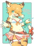 anthro arm_pouch arm_tuft belt belt_pouch bikini breasts clothing eyebrows eyelashes female fur green_eyes inner_ear_fluff kemono navel one_eye_closed open_mouth shoulder_tuft solo striped_body striped_fur stripes swimwear tuft two-piece_swimsuit wink yellow_body yellow_eyes yellow_fur poto_210 cygames world_flipper mia_(world_flipper) felid mammal pantherine tiger 2025 hi_res