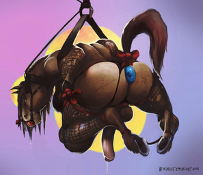 accessory anal anal_masturbation anal_penetration anthro backsack ball_gag balls bdsm big_penis bodily_fluids bondage bound bow_ribbon brown_body brown_fur butt butt_slap buttplug clothed clothing crossdressing cum dildo erection femboy fishnet_clothing fur furgonomics gag gagged genital_fluids genitals halter harness hooves humiliation legwear lingerie male mane masturbation muscular muscular_anthro muscular_bottom muscular_femboy muscular_male muscular_sub nude penetration penis plug_(sex_toy) precum presenting ribbons sex_toy slap solo spanking stockings submissive submissive_male suspension tail tail_accessory tail_bow tail_ribbon toying_self vein vehementcreations valmir equid equine horse mammal 2013