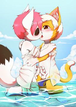 4_fingers anthro balls beach bent_legs blush detailed_background duo erection eyes_closed fingers foreskin frottage genitals hair humanoid_genitalia humanoid_penis inner_ear_fluff interspecies kissing kneeling kneeling_in_water legs_in_water male male/male outside partially_retracted_foreskin partially_submerged penile penis penises_touching pink_hair seaside sex sex_on_the_beach shallow_water shota sky submerged_legs tail tail_size_difference thin_tail tuft water wavy_tail white_hair young young_anthro young_on_young nobusuke four_(numberfour) pioky_(keyran) canid canine domestic_cat felid feline felis fox mammal hi_res