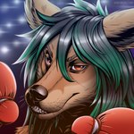 ambiguous_gender anthro black_hair boxing_gloves brown_body brown_fur brown_nose cheek_tuft chin_tuft clothing facial_tuft fur green_hair hair handwear looking_at_viewer multicolored_hair red_eyes simple_background solo tan_body tan_fur teeth text tuft two_tone_hair whiskers slash_freezen audlin canid canine canis coyote mammal 1:1 2020 artist_name bust_portrait dated icon portrait