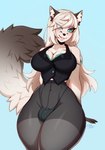 anthro big_breasts blonde_hair blue_eyes bra bra_strap breasts bulge cleavage clothed clothed_anthro clothed_gynomorph clothed_intersex clothing gynomorph hair intersex legwear long_hair looking_at_viewer navel panties smile solo tights underwear littlesheep canid canine fox mammal 2023 hi_res