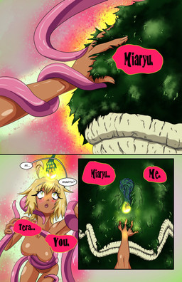 blonde_hair blue_eyes dialogue duo eyeless female fur green_body green_fur hair headpat male male/female nude restrained restrained_by_tentacles smile speech_bubble tan_body tentacles dr_artist miaryu_(dr_artist) tera_rollins_(dr_artist) alien human mammal absurd_res colored comic hi_res