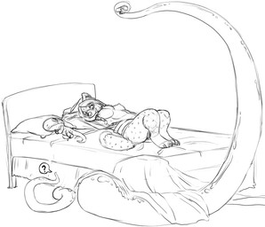 anthro bed bed_sheet bedding breasts camera chest_tuft claws clothed clothing collared_shirt dress_shirt duo feet female fur furniture genitals hindpaw inside nipples on_bed open_clothing open_shirt open_topwear paws photographer pillow plushie pose question_mark shirt simple_background spots tail tentacles topwear tuft vulva white_background conditional_dnp sefeiren fys jenny_plush hyena mammal monster monster_under_your_bed spotted_hyena unknown_species black_and_white monochrome sketch