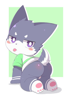 anthro backsack balls blep blush bottomless bottomless_male butt clothed clothing fur genitals grey_body grey_fur kemono kneeling making_faces male pawpads purple_eyes solo taunting teasing tongue tongue_out young young_male toruu canid canine canis domestic_dog mammal absurd_res hi_res