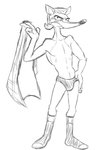 anthro briefs clothed clothing footwear hand_on_hip jacket male open_mouth simple_background socks solo teeth_showing topless topwear underwear white_background thegreatmatsutzu activision crash_bandicoot_(series) pinstripe_potoroo macropod mammal marsupial potoroo black_and_white monochrome sketch