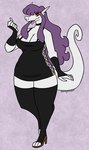 anthro big_breasts breasts choker cleavage clothed clothing dress female footwear hair high_heels jewelry long_hair looking_at_viewer necklace purple_hair red_eyes shoes short_dress smile solo white_body nerdyreindeer mythology dragon mythological_creature mythological_scalie scalie hi_res