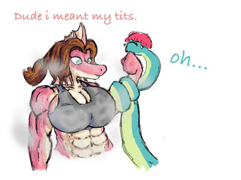 abs anthro anthro_on_anthro big_breasts bodily_fluids bra breasts brown_hair clothed clothed_anthro clothed_female clothing crossgender dialogue duo embarrassed female fin finger_in_mouth finger_suck flexing flexing_bicep frill_(anatomy) ftm_crossgender green_body green_eyes grey_bra grey_clothing grey_underwear hair interspecies long_hair long_neck looking_at_another male male/female misunderstanding mtf_crossgender muscular muscular_anthro muscular_arms muscular_female neutral_expression pink_body pink_hair short_hair simple_background sports_bra sucking sweat sweatdrop talking_to_another tan_body text topwear underwear wet wet_clothing wet_topwear white_background caldinie1 cavemanon_studios i_wani_hug_that_gator damien_payne liz_farlane brachiosaurid brachiosaurus dilophosaurid dilophosaurus dinosaur hybrid macronarian prehistoric_species reptile saurischian sauropod sauropodomorph scalie spinosaurid spinosaurus theropod 4:3 colored english_text hi_res
