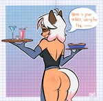 anthro biped butt clothed clothed_anthro clothed_female clothing female female_anthro gloves half_naked handwear logo pattern_background simple_background solo text three-quarter_view uniform waiter naet canid canine mammal raccoon_dog tanuki artist_logo digital_drawing_(artwork) digital_media_(artwork) english_text flat_colors hi_res portrait three-quarter_portrait