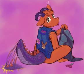 anthro bisexual_pride_colors bottomless bottomless_anthro clothed clothing horn lgbt_pride looking_at_viewer male orange_body patch_(fabric) patched_clothing pride_colors rear_view simple_background sitting sitting_on_ground solo tail tail_motion thick_tail tongue tongue_out topwear vest ray_karr mythology dragon mythological_creature mythological_scalie scalie 2024 digital_media_(artwork) hi_res