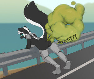 anthro anus big_butt biped black_body black_fur black_hair black_tail black_vulva blue_eyes blue_sky butt closed_smile cybernetic_leg cybernetic_limb cybernetics day fart fart_cloud female female_farting fluffy fluffy_tail fur genitals green_fart_cloud green_text grey_body guardrail hair humanoid_genitalia humanoid_vulva lake leaning_on_railing looking_back machine mountain mouth_closed multicolored_body multicolored_fur multicolored_hair nude nude_anthro nude_female onomatopoeia outside pink_anus pink_nose plantigrade pupils raised_tail short_hair sky smile snout solo sound_effects street tail text two_tone_body two_tone_fur two_tone_hair two_tone_tail vulva water white_body white_fur white_hair white_tail lichee cyborg mammal mephitid skunk striped_skunk 2023 english_text hi_res