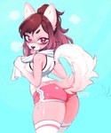 anthro blep blue_background blush bottomwear brown_hair butt clothing dolphin_shorts female fur hair heart_(marking) holding_object holding_towel looking_at_viewer markings pink_body pink_eyes pink_fur ponytail raised_tail short_stack shorts simple_background smile solo sportswear tail thick_thighs tongue tongue_out towel white_towel indigo_cho canid canine canis domestic_dog mammal 2019 digital_media_(artwork) hi_res