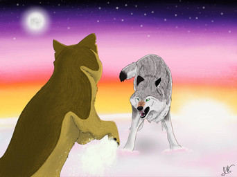 ambiguous_gender bared_teeth brown_body brown_fur dipstick_tail duo feral fight fluffy fur green_eyes grey_body grey_fur markings multicolored_body multicolored_fur quadruped sky snarling snow tail tail_markings teeth white_body white_fur articwolfstorm wolves_of_the_beyond faolan_macduncan heep_macduncan canid canine canis dire_wolf mammal prehistoric_species wolf 2019