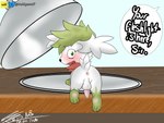 absurd_res animal_genitalia animal_penis anus balls balthysstuff canine_genitalia canine_penis cloche embarrassed feral first_person_view generation_4_pokemon genitals hi_res legendary_pokemon looking_at_viewer looking_back male nintendo penis pokemon pokemon_(species) presenting shaymin sky_forme_shaymin solo speech_bubble text