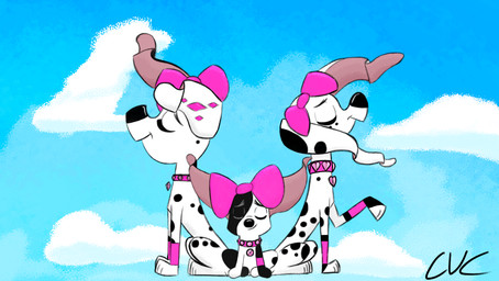 black_body black_fur black_nose black_spots blue_sky bow_ribbon clothing cloud collar diamond_(marking) female feral footwear freckled_face freckles fur group heterochromatic_ears leg_markings male markings multicolored_body multicolored_fur pink_bow pink_clothing pink_collar pink_footwear pink_socks pink_spots sky socks socks_(marking) spots toony trio two_tone_body two_tone_face two_tone_fur white_body white_fur cucthecookie 101_dalmatian_street 101_dalmatians disney deepak_(101_dalmatians) dolly_(101_dalmatians) dylan_(101_dalmatians) canid canine canis dalmatian domestic_dog mammal hi_res