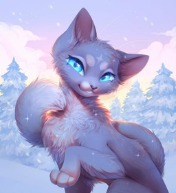 ambiguous_gender black_nose blue_eyes cloud detailed_background feral fur grey_body grey_fur grin looking_at_viewer outside plant sitting sky smile smiling_at_viewer snow snowing solo sparkles tail tree whiskers white_whiskers winter bloominglynx warriors_(book_series) bluestar_(warriors) domestic_cat felid feline felis mammal 2026 digital_media_(artwork) digital_painting_(artwork) half-length_portrait painting_(artwork) portrait
