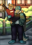 anthro carrying_another carrying_partner clothed clothing duo male outside red_clothing red_shirt red_topwear shirt topwear luner96_(artist) duncan_(doginacafe) eddie_(doginacafe) bovid caprine crocodile crocodilian goat mammal reptile scalie 2022 hi_res