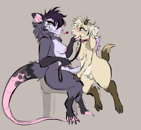 anthro areola balls black_eyeliner blush blush_lines brown_body brown_eyes brown_fur chair collar dominant dominant_anthro dominant_gynomorph dominant_intersex duo erection eye_contact eyeliner fur furniture genitals gloves_(marking) grey_background grey_body grey_fur gynomorph gynomorph/gynomorph heart_symbol holding_leash holding_object horn humanoid_genitalia humanoid_penis intersex intersex/intersex leaking_penis leash leashed_collar leg_markings looking_at_another looking_pleasured makeup markings nipples nude_gynomorph on_chair open_mouth penis pink_areola pink_inner_ear pink_nipples pink_nose pink_tail red_eyes simple_background sitting sitting_on_chair small_penis socks_(marking) submissive submissive_gynomorph submissive_intersex tail wearing_collar yellow_body yellow_fur fossilprey mochie_(cleothebirb) vivian_(hisstress) american_opossum bovid caprine goat mammal marsupial virginia_opossum digital_drawing_(artwork) digital_media_(artwork) english_description hi_res