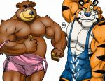 abs anthro biceps big_muscles black_nose blue_nose brown_body brown_fur bulge clothing countershading detailed_bulge duo flexing fur genital_outline gesture hand_behind_head hand_gesture looking_at_viewer male markings mascot musclegut muscular muscular_male pecs penis_outline pose simple_background slightly_chubby standing stripes thumbs_up tight_clothing undressing whiskers white_background wrestling_singlet yellow_eyes fb1907 frosted_flakes kellogg's chocos tony_the_tiger bear felid mammal pantherine tiger 2014