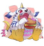 3_toes ambiguous_gender animal_skin anthro belly burger claws eating feet finger_claws food fur hindpaw horn open_mouth paws red_eyes simple_background sitting slightly_chubby smile soles solo striped_body striped_fur stripes teeth toe_claws toes tongue white_background yellow_body yellow_skin kinoshita-jiroh bandai_namco digimon digimon_(species) gabumon hi_res