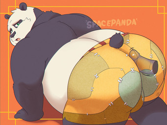 all_fours anthro big_butt black_body black_fur black_nose bottomwear bulge butt clothing duo erection fur genitals green_eyes humanoid_genitalia humanoid_hands humanoid_penis male male/male open_mouth overweight overweight_male penis shorts solo_focus spacepanda dreamworks kung_fu_panda master_po_ping bear giant_panda mammal 2026 4:3 hi_res