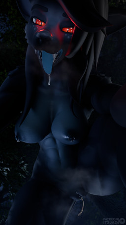 anthro asymmetrical_hair bedroom_eyes bodily_fluids breasts dark_body dark_fur drooling female first_person_view forest_background fur genital_fluids genitals glowing glowing_eyes glowing_mouth leaking_vagina looking_at_viewer low-angle_view narrowed_eyes night nipple_piercing nipple_ring nipples piercing red_eyes ring_piercing saliva seductive solo text vaginal_fluids vulva itsjag mythology grace_(itsjag) canid canine mammal mythological_canine mythological_creature werecanid werecanine werecreature werewolf 3d_(artwork) 4k 9:16 absurd_res blender_(artwork) blender_cycles_(artwork) digital_media_(artwork) english_text hi_res shaded soft_shading