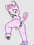 anal anthro backsack balls blush butt flaccid foreskin fur genitals green_eyes hair male nude object_in_mouth pacifier pacifier_in_ass pacifier_in_mouth penis pink_body pink_fur pink_hair rear_view solo spread_legs spreading standing young young_anthro kaitou felid lion mammal pantherine 3:4