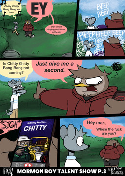 annoyed anthro bottomwear brown_body brown_bottomwear brown_clothing brown_fur brown_pants buckteeth cellphone clock clothed clothed_anthro clothed_male clothing color_coded color_coded_speech_bubble container cup dialogue duo electronics fully_clothed fully_clothed_anthro fully_clothed_male fur grey_body grey_fur holding_cellphone holding_object holding_phone holding_smartphone hoodie jacket khaki_pants khakis male musical_note musical_symbol pants phone phone_wallpaper profanity red_clothing red_hoodie red_jacket red_topwear ringing_phone shirt sigh singing smartphone speech_bubble symbol t-shirt teeth text topwear vehicle watch white_clothing white_shirt white_t-shirt white_topwear wristwatch happyroadkill chitty_chitty_bang_bang isaiah_the_mormon_mouse orin_owl avian bird mammal mouse murid murine owl rodent 2026 absurd_res comic english_text hi_res multiple_scenes