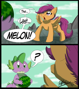 anthro dialogue duo feathered_wings feathers female feral food fruit male melon orange_body orange_feathers parody plant question_mark tail text watermelon wings young young_anthro thecynicalhound blue_sky_studios friendship_is_magic hasbro ice_age_(series) my_little_pony mythology scootaloo_(mlp) spike_(mlp) dragon equid equine mammal mythological_creature mythological_equine mythological_scalie pegasus scalie 2011 comic crossover english_text