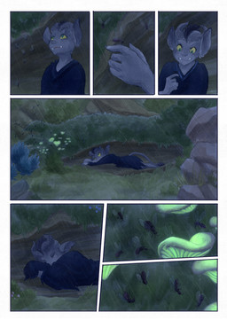 5_fingers ambiguous_gender anthro biped black_body black_fur black_tail clothing eyes_closed fangs feral fingers fungus fur grass green_eyes horn mushroom outside plant raining rock shirt sleeping solo tail teeth topwear yellow_sclera bjekkergauken imbali_(bjekkergauken) arthropod insect unknown_species 2025 colored comic hi_res