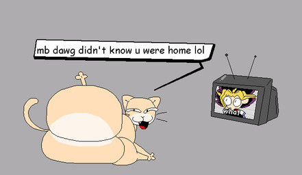 anthro big_butt bubble_butt butt dialogue duo electronics fangs floating_whiskers grey_background hair huge_butt looking_at_another looking_at_viewer lying male multicolored_body multicolored_hair nude_anthro on_side open_mouth shocked simple_background smacking_ass smug tail tail_motion tailwag talking_to_viewer tan_body teasing teasing_viewer teeth television text text_box thick_thighs tongue watching_television whiskers white_sclera nxyitn yu-gi-oh! bababooey_(nxyitn) yami_yugi domestic_cat felid feline felis human mammal tabby_cat aliasing animated digital_media_(artwork) english_text loop seamless_loop