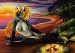 anthro beach blonde_hair blue_nose breasts campfire cloud detailed_background fangs female fire genitals hair nipples nude outside palm_tree plant pussy sea seaside sky smile solo sunset teeth tree water yellow_eyes sevenarms canid canine mammal 2018 digital_media_(artwork) digital_painting_(artwork) full-length_portrait portrait