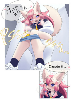 anthro bathroom blue_eyes bodily_fluids breath clothing dialogue fangs female hair heart_symbol jacket just_made_it omorashi panties peeing pink_hair public_restroom relieved sitting sweat teeth text toilet toilet_use topwear underwear yellow_clothing yellow_panties yellow_underwear unousaya canid canine canis domestic_dog mammal 2023 comic english_text