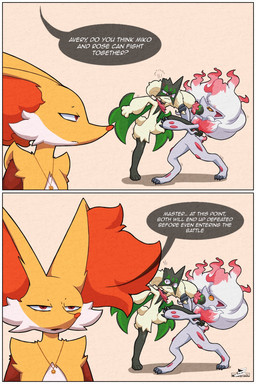 ambiguous_gender angry anthro claws cross-popping_vein dialogue eyelashes featureless_crotch fight flat_chested fur green_body green_fur grey_body group hair inner_ear_fluff jewelry multicolored_body narrowed_eyes necklace offscreen_character open_mouth orange_body orange_fur pawpads paws pink_eyes red_body red_eyes red_fur simple_background speech_bubble tail text trio tuft white_body white_fur white_hair yellow_body yellow_fur yellow_sclera razgrizdl nintendo pokemon avery_(razgrizdl) miko_(razgrizdl) rose_(razgrizdl) canid canine delphox felid feline generation_6_pokemon generation_8_pokemon generation_9_pokemon hisuian_form hisuian_zoroark mammal meowscarada pokemon_(species) regional_form_(pokemon) 2026 2:3 comic english_text hi_res signature female_(lore) sibling_(lore) sister_(lore) sisters_(lore)