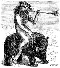 ambiguous_gender brass_instrument claws duo feral for_a_head fur hair male mane musical_instrument nude_humanoid playing_music reins riding_on_back sky trumpet whiskers wind_instrument louis_le_breton dictionnaire_infernal pruflas animal_head animal_humanoid bear demon felid felid_humanoid humanoid lion_humanoid mammal mammal_humanoid pantherine pantherine_humanoid 1863 19th_century ancient_art black_and_white hi_res monochrome signature
