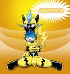 anthro blue_eyes bulge dialogue duo goo_transformation latex male open_mouth simple_background text transformation yellow_background yellow_body yellow_eyes himuic-tmill nintendo pokemon coco_the_blue_cat felid feline generation_7_pokemon legendary_pokemon mammal pokemon_(species) zeraora 2019 digital_drawing_(artwork) digital_media_(artwork) english_text hi_res