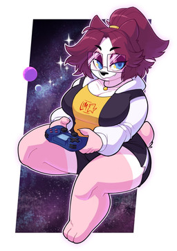 3_toes 5_fingers anthro barefoot blue_eyes bottomwear breasts claws cleavage clothed clothing controller dolphin_shorts eyewear feet female finger_claws fingers freckles fur game_controller glasses hair holding_controller holding_game_controller holding_object hoodie hotpants jewelry necklace pink_body pink_fur ponytail rectangular_glasses red_hair shorts sky snaggle_tooth solo space star starry_sky toes topwear wearing_glasses byuni nuggy_(anaugi) badger mammal mustelid musteline 2024 absurd_res digital_media_(artwork) hi_res monochrome trans_(lore) trans_woman_(lore)