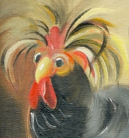 avian_caruncle beak comb_(anatomy) dewlap_(anatomy) feathered_crest feathers feral head_crest looking_at_viewer male solo wattle unknown_artist avian bird chicken galliform phasianid polish_chicken white-crested_black_polish_chicken low_res painting_(artwork) source_request traditional_media_(artwork)
