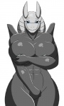 2016 3:5 abs aggron anthro anthrofied areola big_breasts blue_eyes breasts covering covering_self curvy_figure dayle_viscus fan_character female generation_3_pokemon grey_body grey_horn grey_skin half-closed_eyes horn huge_breasts looking_at_viewer lunis1992 mature_anthro mature_female narrowed_eyes navel nintendo nude pokemon pokemon_(species) pokemorph simple_background smile solo thick_thighs voluptuous white_background wide_hips