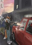 angry anthro blood bodily_fluids brown_eyes car city city_background clothed clothing death ears_up gore group gun handgun holding_object holding_weapon killing male ranged_weapon restaurant revolver scared shooting solo_focus street vehicle weapon wolfyalex96 border_collie canid canine canis collie domestic_dog fox herding_dog mammal pastoral_dog sheepdog wolf hi_res