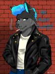 alternative_fashion anthro blue_eyes blue_hair cigarette fur greaser grey_body grey_fur hair male smoking solo artimen_the_husky artimenthehusky canid canine canis domestic_dog husky mammal nordic_sled_dog spitz 3:4 absurd_res hi_res