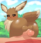 balljob balls bestiality big_butt blush brown_body brown_eyes brown_fur butt duo eevee eyelashes feral first_person_view fur generation_1_pokemon genitals girly heart_symbol hi_res huge_butt human human_on_feral humanoid_genitalia humanoid_penis imminent_sex inner_ear_fluff interspecies looking_back male male/male male_on_feral mammal mistpirit neck_tuft nintendo outside penis pokemon pokemon_(species) pokephilia teasing thick_thighs tuft victor_(pokemon)