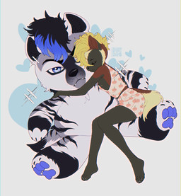 anthro big_plushie black_nose blonde_hair brown_body brown_fur clothed clothing eyelashes eyes_closed femboy fur grey_body grey_fur hair hug hugging_object hugging_plushie male male_anthro mohawk nipple_piercing nipples piercing plushie side_view solo sonyan hi_res