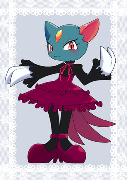 :3 alternative_fashion anthro asymmetrical_ears bell_sleeves blue_body blue_fur claws clothed clothing dress eyelashes female footwear forehead_gem fur gem goth gothic_lolita high_heels j-fashion lace legwear lolita_(fashion) long_sleeves pattern_background red_eyes shoes simple_background smile solo stockings thin_calves thin_legs thin_thighs yellow_gem unousaya nintendo pokemon generation_2_pokemon mammal pokemon_(species) sneasel