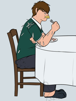 anthro bacon beak breakfast chair clothing cutlery egg feathers food footwear fork furniture kitchen_utensils male meat pajamas plate shoes slippers solo species_transformation table tablecloth tools transformation uniform werewolfaboo nfl philadelphia_eagles pheagle avian bird chicken galliform phasianid 2014 3:4 hi_res