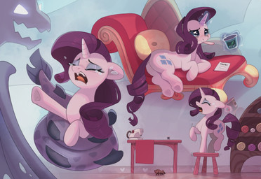 blue_eyes bodily_fluids butt crying cutie_mark duo eating eyeshadow female feral food hair hooves horn inside long_hair magic makeup open_mouth purple_hair quadruped tail tears teeth tongue tongue_out unicorn_horn nookprint friendship_is_magic hasbro my_little_pony mythology rarity_(mlp) arachnid arthropod dragon equid equine mammal mythological_creature mythological_equine mythological_scalie scalie spider unicorn absurd_res hi_res