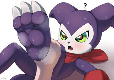 anthro blush bodily_fluids clothing feet first_person_view foot_fetish foot_focus handwear human_pov male open_mouth question_mark shortstack shortstack_male sweat sweaty_legs tail toes tongue pawsolie bandai_namco digimon digimon_(species) human imp impmon mammal absurd_res digital_media_(artwork) hi_res