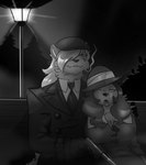 anthro big_breasts breasts bullet_wound cigarette cleavage clothed clothing corpse cute_fangs death duo fangs female fog forest glistening glistening_hair gun hair hair_over_eye handgun heartshot killing male noir pistol plant ranged_weapon silenced silencer street_lamp teeth tongue tongue_out tree weapon cementovercoat domestic_cat felid feline felis mammal black_and_white hi_res monochrome
